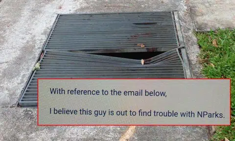 Mr Dixon Liw provided feedback about damaged drain covers (above photo) to NParks, but received an email that said he was "out to find trouble" (inset).