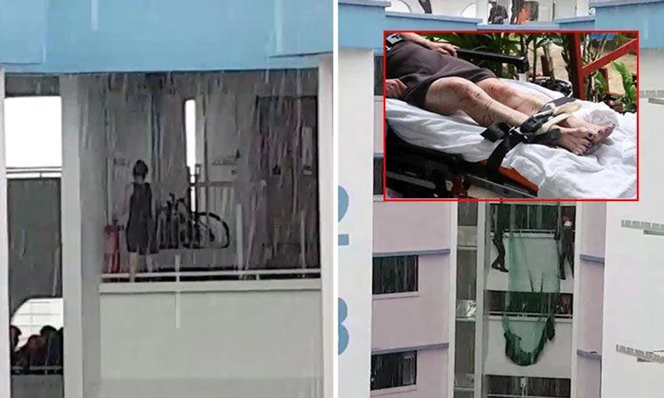 The woman cut herself with a knife, inflicting over 30 wounds (top from right) as she stood on the railings (left).