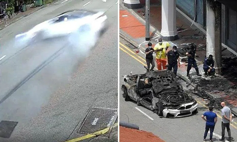 Mr Jonathan Long was driving a white BMW M4 at around 5.40am when it crashed into a shophouse before bursting into flames. PHOTOS: ST READER, SHIN MIN DAILY NEWS