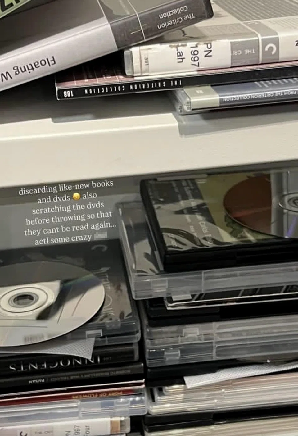 A student associate who worked at the Yale-NUS College Library shared a photograph she took of the scratches she was instructed to make on DVDs with a penknife.
