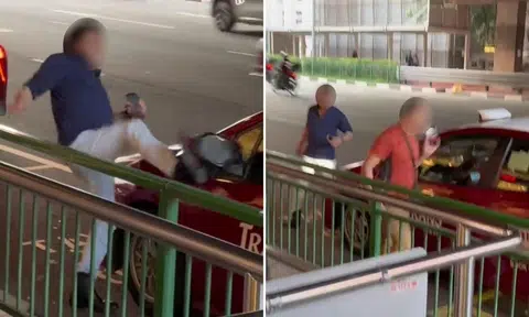 man kicks down side view mirror of taxi at chinatown
