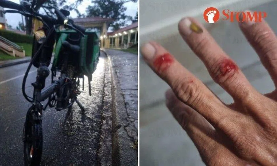Stomper Peter, who is a Grab delivery rider, suffered injuries after a fall when his power-assisted bicycle (PAB) skidded on the way to a customer in Queenstown.