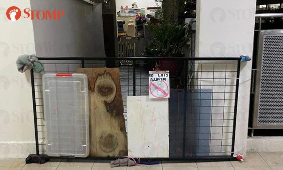 Yishun resident erects barricade at common corridor with sign: "No cats allowed!"