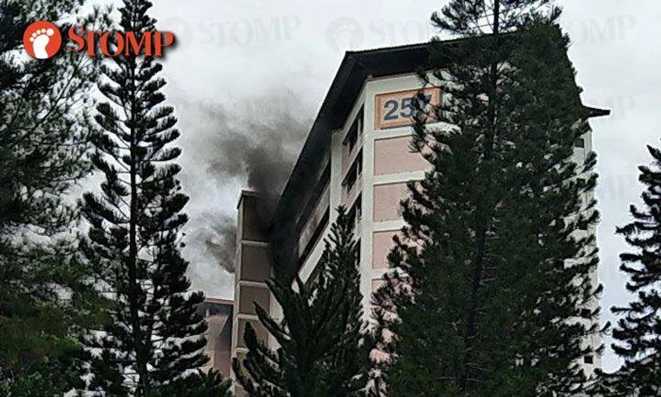 Residents look on as smoke rises from Blk 257 Jurong East St 24