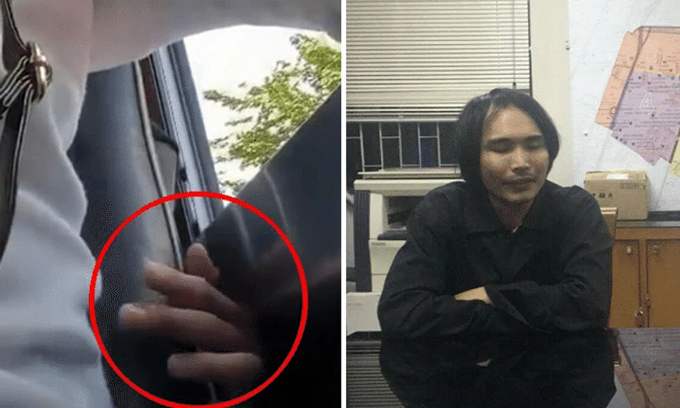 Video of suspect Peerapol Yodcharoen caught in the act (left) and Peerapol himself (right) at the police station. 