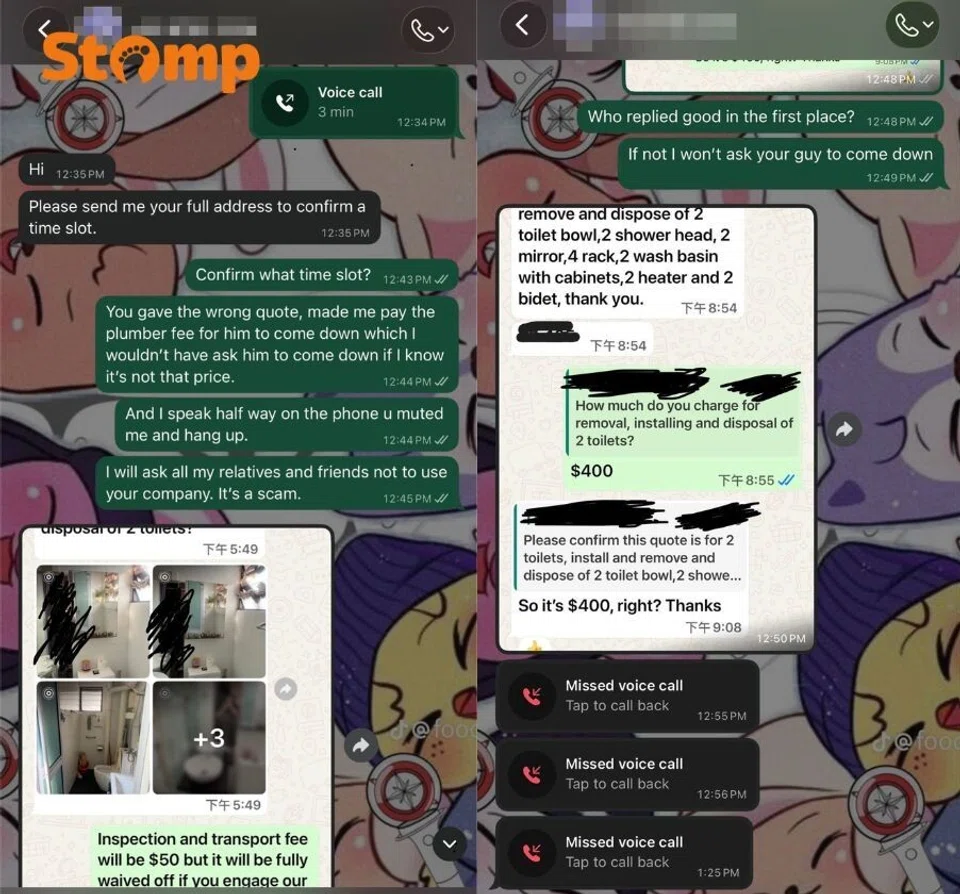 $400 or $2,200? Customer and plumbing company dispute WhatsApp quote