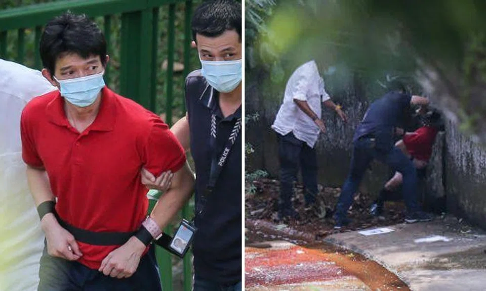 Right photo: Murder suspect Xavier Yap (in red) ducks to climb out of the canal while escorted by policemen as he aids police investigations next to Greenridge Crescent Playground on January 27, 2022.