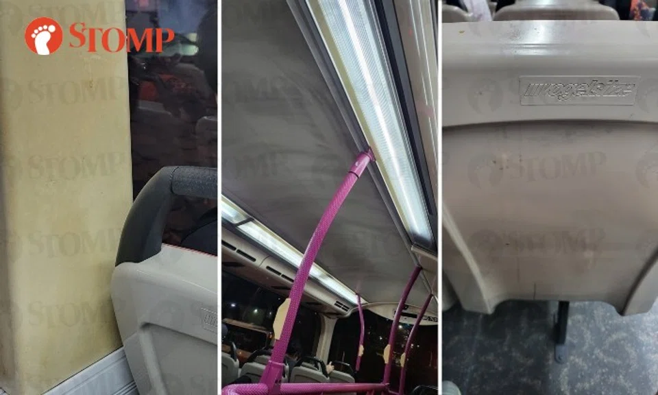 Stomper: "I came across an SBS Transit bus with the registration number SBS7631J having cleanliness issues: dusty interior, window ledge and seats filled with stains."