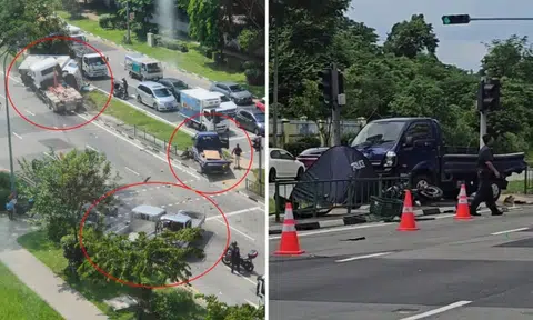 Motorcyclist pinned under lorry dies after 7-vehicle chain collision in Woodlands, truck driver arrested