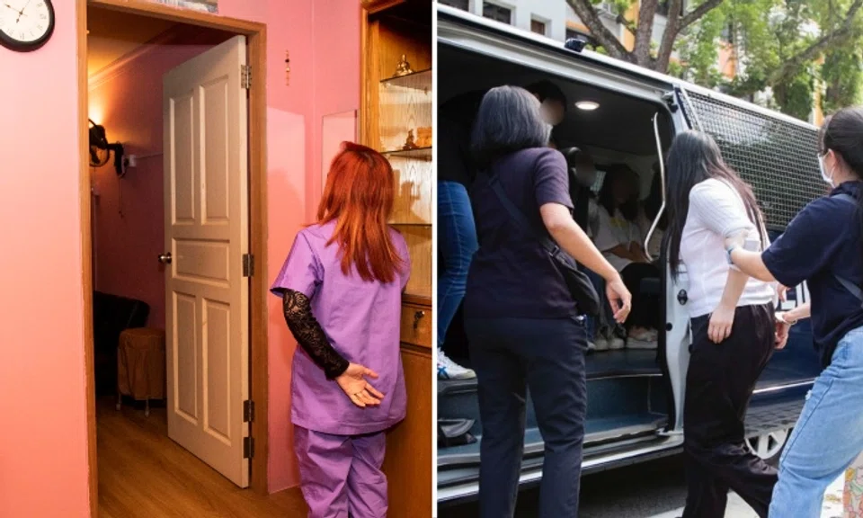 Two women were arrested. ST understands one is Singaporean and the other Cambodian. The women allegedly stood outside the outlets and solicited patrons for services ranging from $150 to $200.