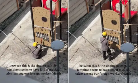 A migrant worker makes music with playground equipment in a moment that drew praise from netizens.
