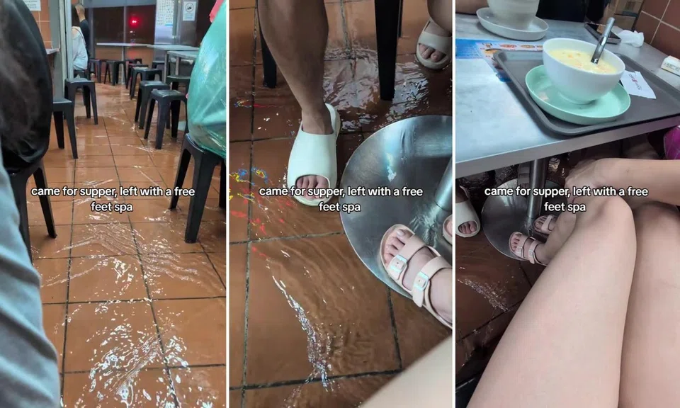 Video of water flowing across Kovan coffee shop floor