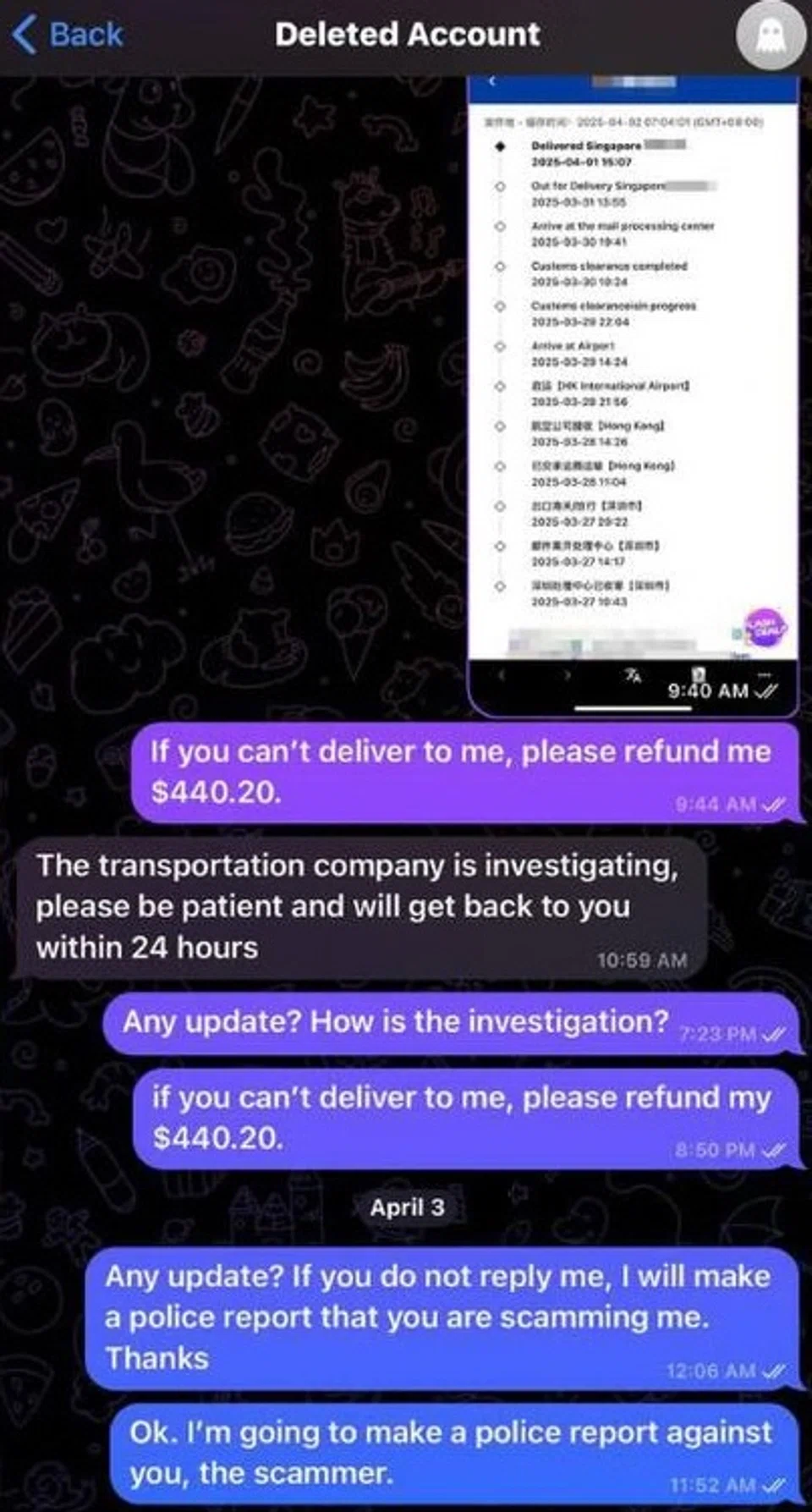 Mr Chen's chat history with the seller, whose account appears to be deleted.