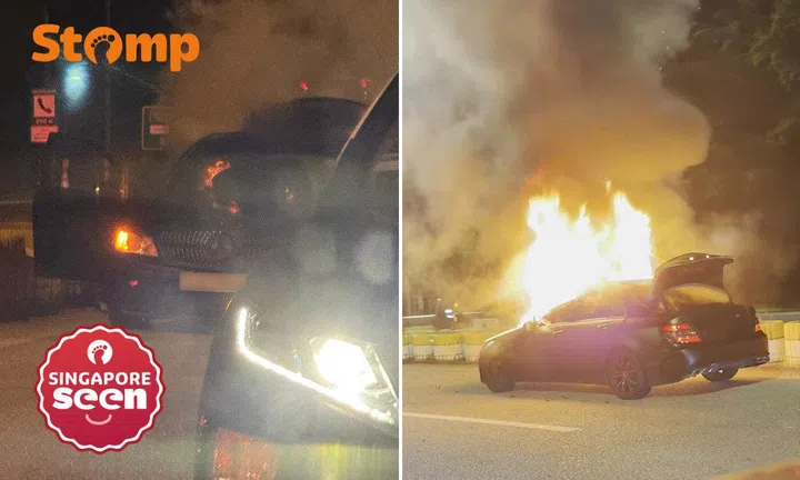 Mercedes-Benz on fire near Tuas Checkpoint