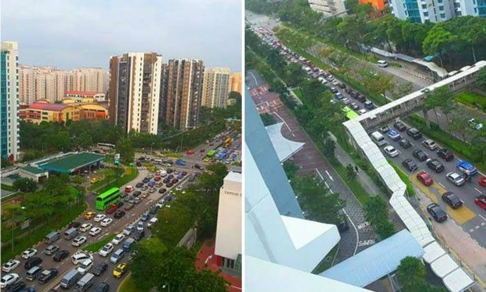 The traffic situation in Punggol Central at around 8.15am on Tuesday (March 7) morning. Photos: Mardiyatu El-Hazima/Facebook