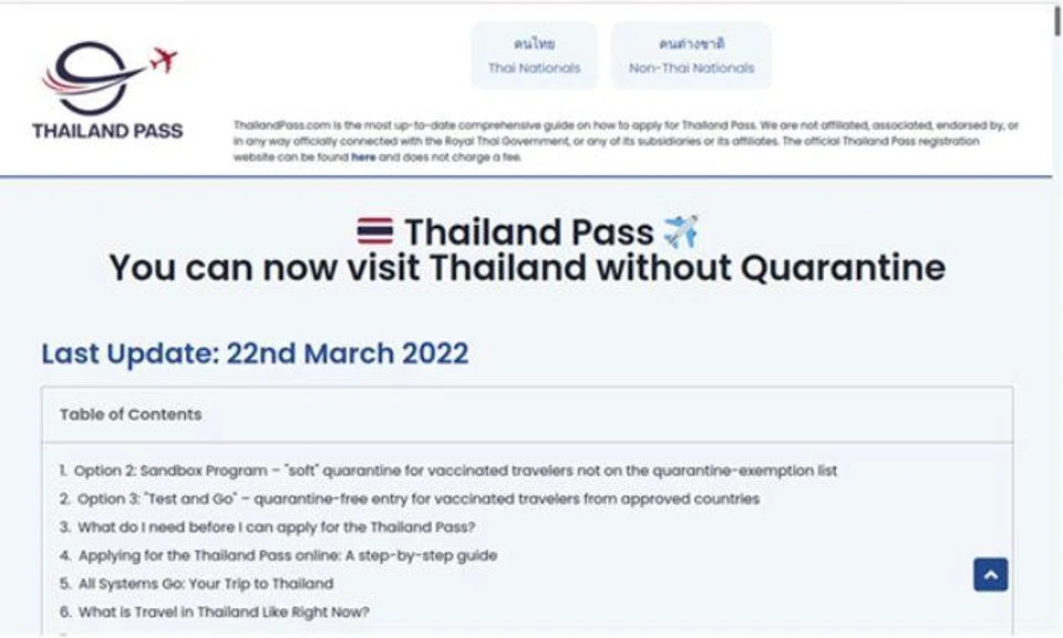 Screenshot of a fake Thailand Pass website.