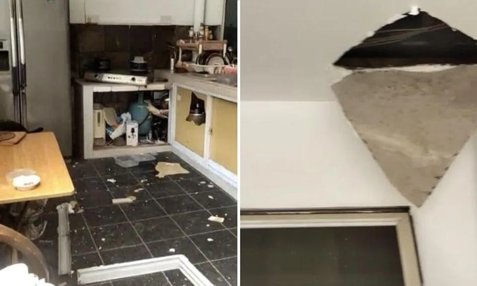 A video of the aftermath of the explosion seen by ST shows the sliding door of the stove cabinet had been completely blown off. There were holes in the false ceiling of the kitchen and chunks of debris on the floor.