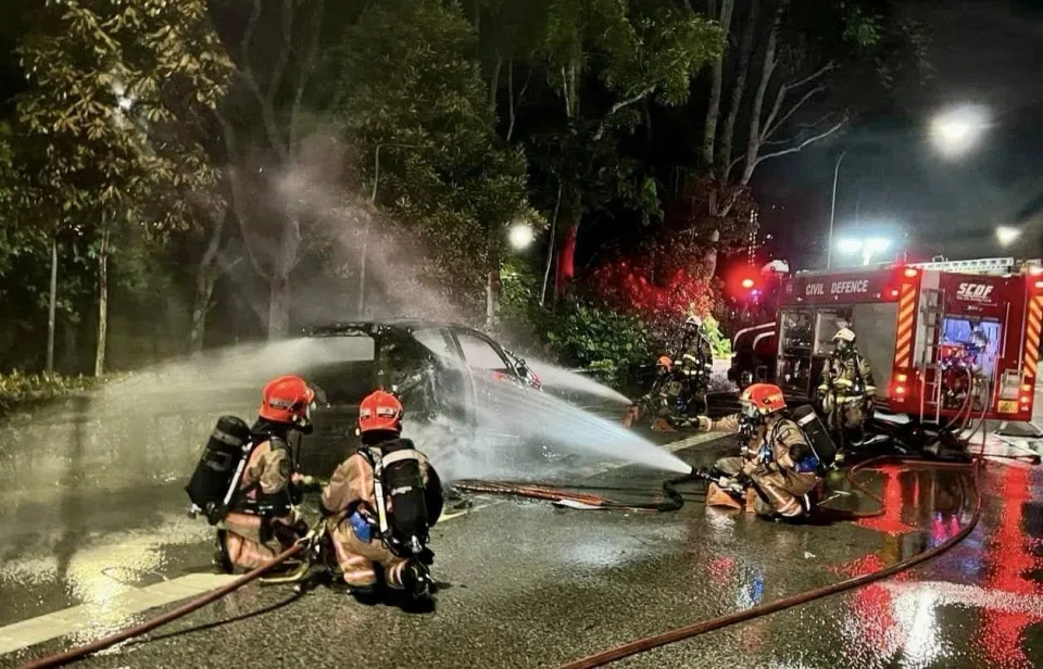SCDF officers putting out a fire involving a car on Feb 17 along the Bukit Timah Expressway (BKE). One person with a minor burn injury was taken to Singapore General Hospital. 