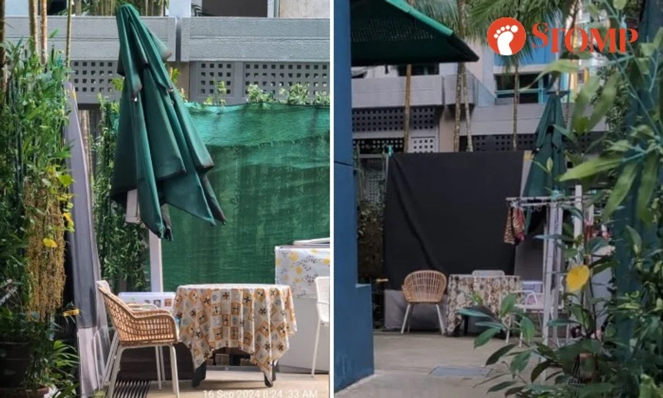 Stomper Wilson shared photos of a table, chairs and a patio umbrella among the many potted plants on the ground floor of Block 473 Segar Road. 