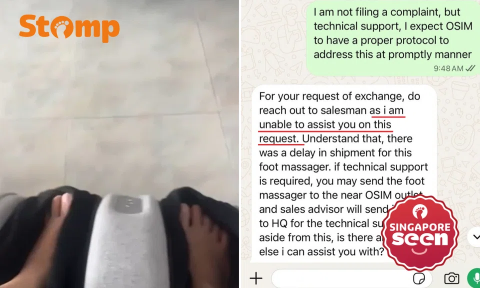 Osim customer ‘genuinely regrets’ buying leg massager that was defective on first use and delivered 5 hours late