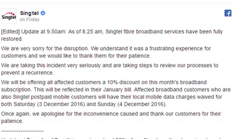 Singtel broadband services restored, affected subscribers to get 10% off bill for Dec