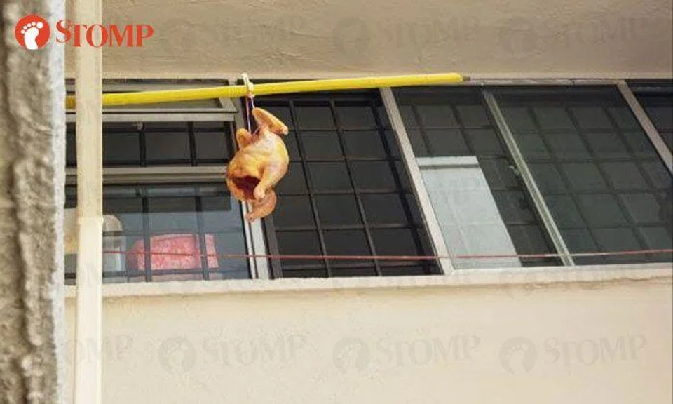 Chicken hanging from bamboo pole outside Rowell Road flat: 'What special dish are they making?'