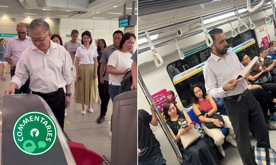 DPM Gan Kim Yong and Workers’ Party chief Pritam Singh seen taking the MRT.