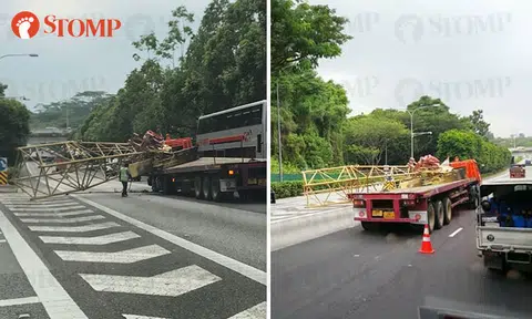 Crane boom falls off trailer after driver brakes to avoid collision on PIE