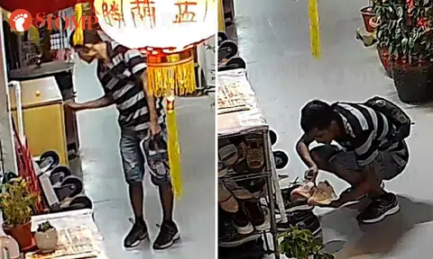Man takes 3 pairs of shoes from outside Stomper's unit during 'shopping trip' at Bedok HDB block