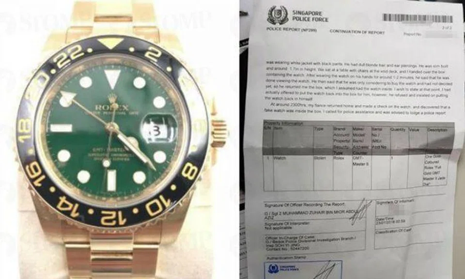 Mr Tang Guoxian realised that his $35,000 gold watch (left) was swapped with a fake one. He has since made a police report. (right) PHOTOS: LIANHE WANBAO