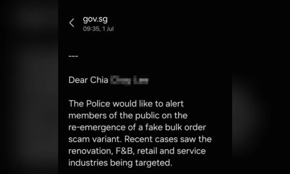 On July 1, an SMS from the police under the “gov.sg” banner was sent out with a warning about the re-emergence of a fake bulk order scam.