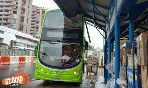 Yet another double-decker bus crashes into shelter roof, this time at Yishun MRT Station