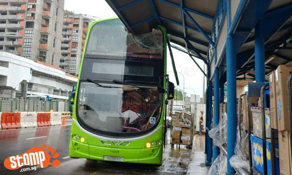 Yet another double-decker bus crashes into shelter roof, this time at Yishun MRT Station