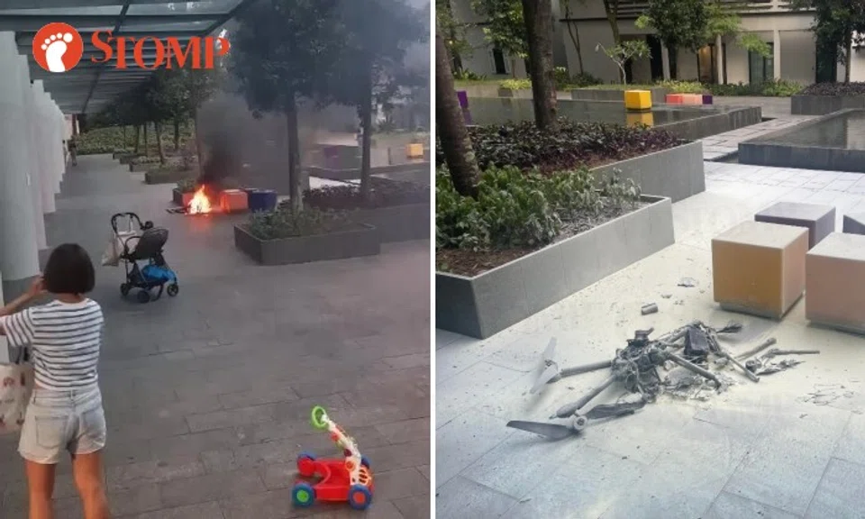 The drone crash-landed, resulting in a fire that was quickly put out by residents. There were burn marks on the floor, but no injuries were reported, CAAS said.