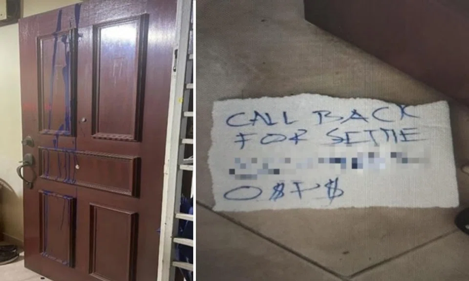 A 33-year-old man was arrested for loanshark harassment after the door of a residential unit was splashed with blue paint and a debtor’s note was left on the floor at Chai Chee Road.