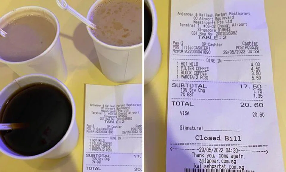 Netizens shocked by how much hot coffee and milo cost at Changi Airport restaurant