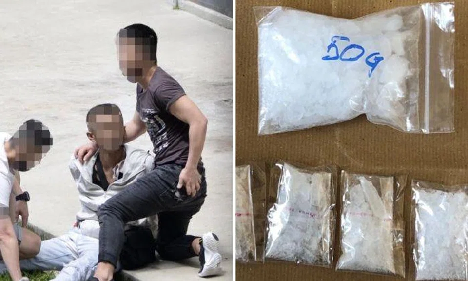 Left: CNB officers arresting a man in Woodlands Street 13.