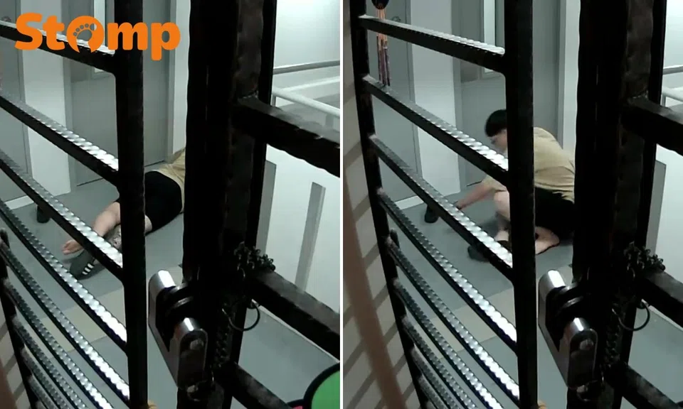 Youth loses his balance and falls on the floor, losing one of his slippers.