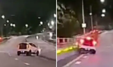 BlueSG car skids and slams into barriers on left and right of Farrer Flyover