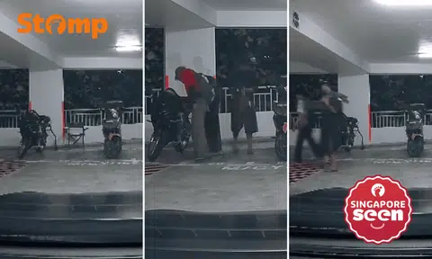 3 men caught on camera allegedly stealing cash card from motorcycle, Decathlon chair in Woodlands carpark