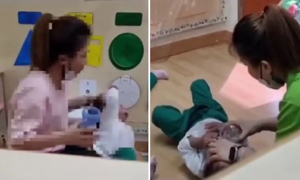 In a series of video clips making its rounds on social media and messaging platforms, the teacher at Kinderland @ Woodlands Mart can be seen forcing pre-schoolers to drink water and hitting a child on the buttocks with a book, among other things.