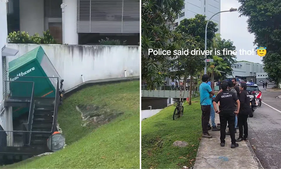 The truck was seen at the bottom of a slope. 