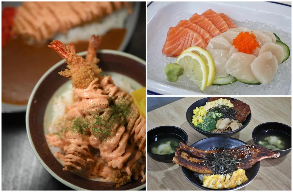 (Clockwise from left) Mentai Ebi Fry Don from Haru-Haru; salmon and scallop sashimi from Ten Ten Otoko Japanese Food; and Unagi Ju Don and Tonkatsu With Pork Suki Don from Jinggho Shokudo.