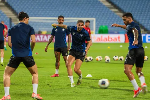 (From left to right): Sharjah FC's Cho Yu-min, Caio Lucas, Adel Taarabt and Luanzinho in action during the team’s training session ahead of the ACL2 final against Lion City Sailors.