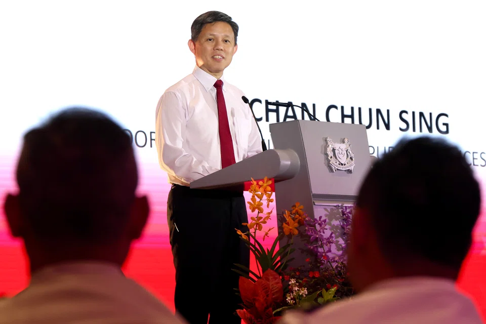 Defence Minister Chan Chun Sing speaking at the appreciation function on Aug 19.