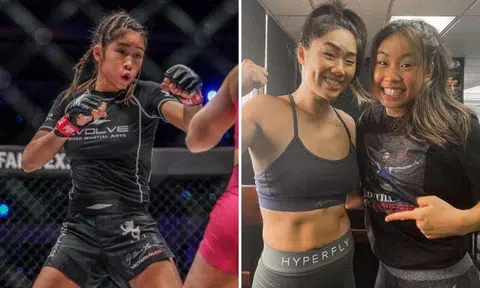 Left: Victoria Lee in action against 2021. Right: With her sister Angela. Photos: One Championship, Instagram