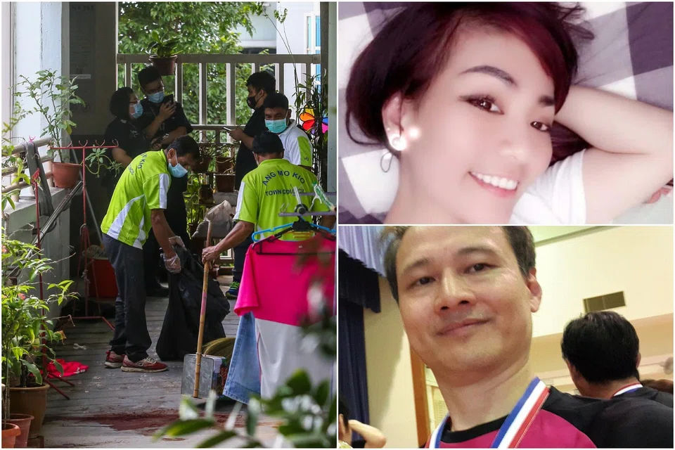 Nguyen Ngoc Giau (top right) stabbed Mr Cho Wang Keung in the common corridor outside his fifth-floor Ang Mo Kio Ave 3 flat shortly before 1am on July 15, 2021.