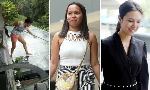 (From left) Ms Taculad Rose Mae Mata on the glass awning. Ms Mata outside court yesterday. Her former employer Belinda Huber alias Belinda Tran. PHOTOS: VILLEGAS LYN BALBAO, WONG KWAI CHOW