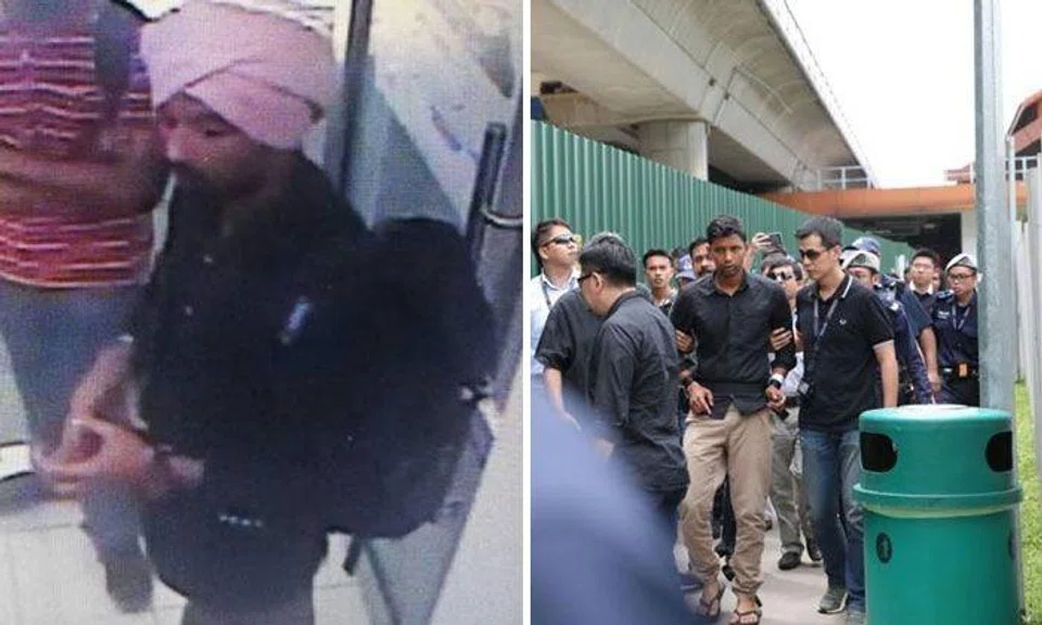 The alleged robbery attempt took place at around 4.30pm when the suspect barged into the shop, armed with a knife and a replica of a gun. The suspect was brought back to the scene by police officers after his arrest (right). PHOTO: THE STRAITS TIMES