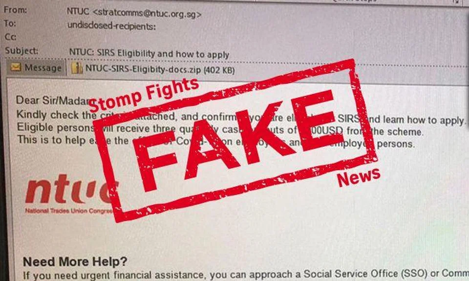 NTUC warns of phishing email about "cash payouts of 3000USD" for income relief scheme